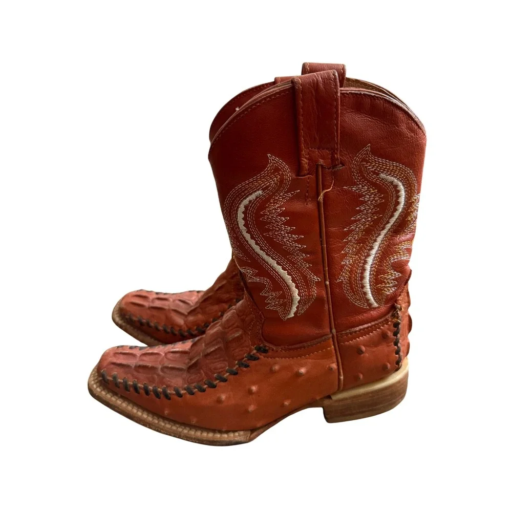 Majoma Kids Cognac Leather Alligator Ostrich Embossed Western Boots Size 1.5